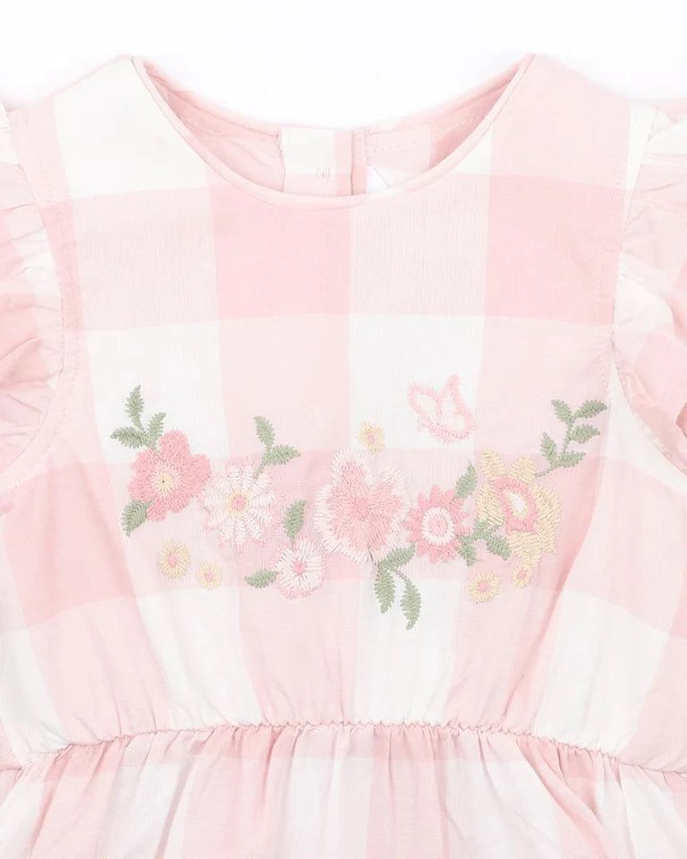 Bebe Lara Embroidered Check Romper - Aster & Ruby