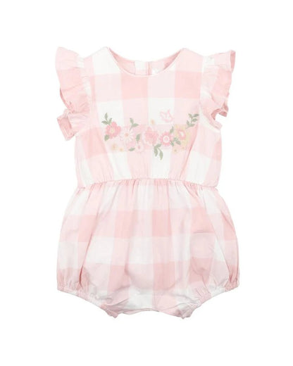 Bebe Lara Embroidered Check Romper - Aster & Ruby