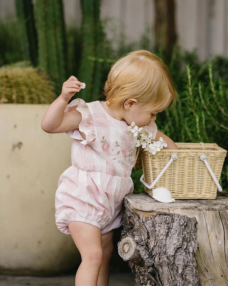 Bebe Lara Embroidered Check Romper - Aster & Ruby